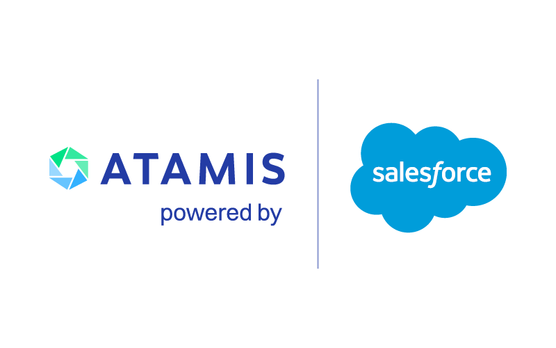 Atamis Logo followed by Salesforce logo demonstrating the partnership between the two brands, Atamis' solutions are powered by the Salesforce Platform.
